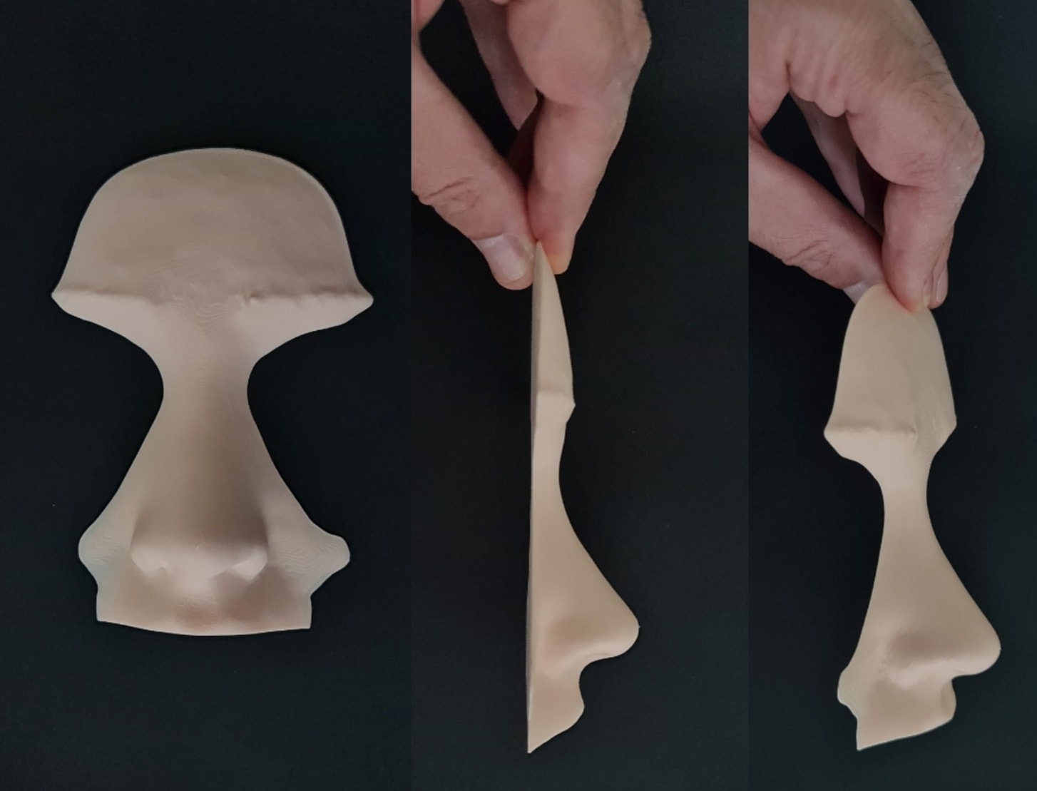 3D yazıcıyla üretilmiş ince, esnek burun modelinin önden ve yandan görünümü