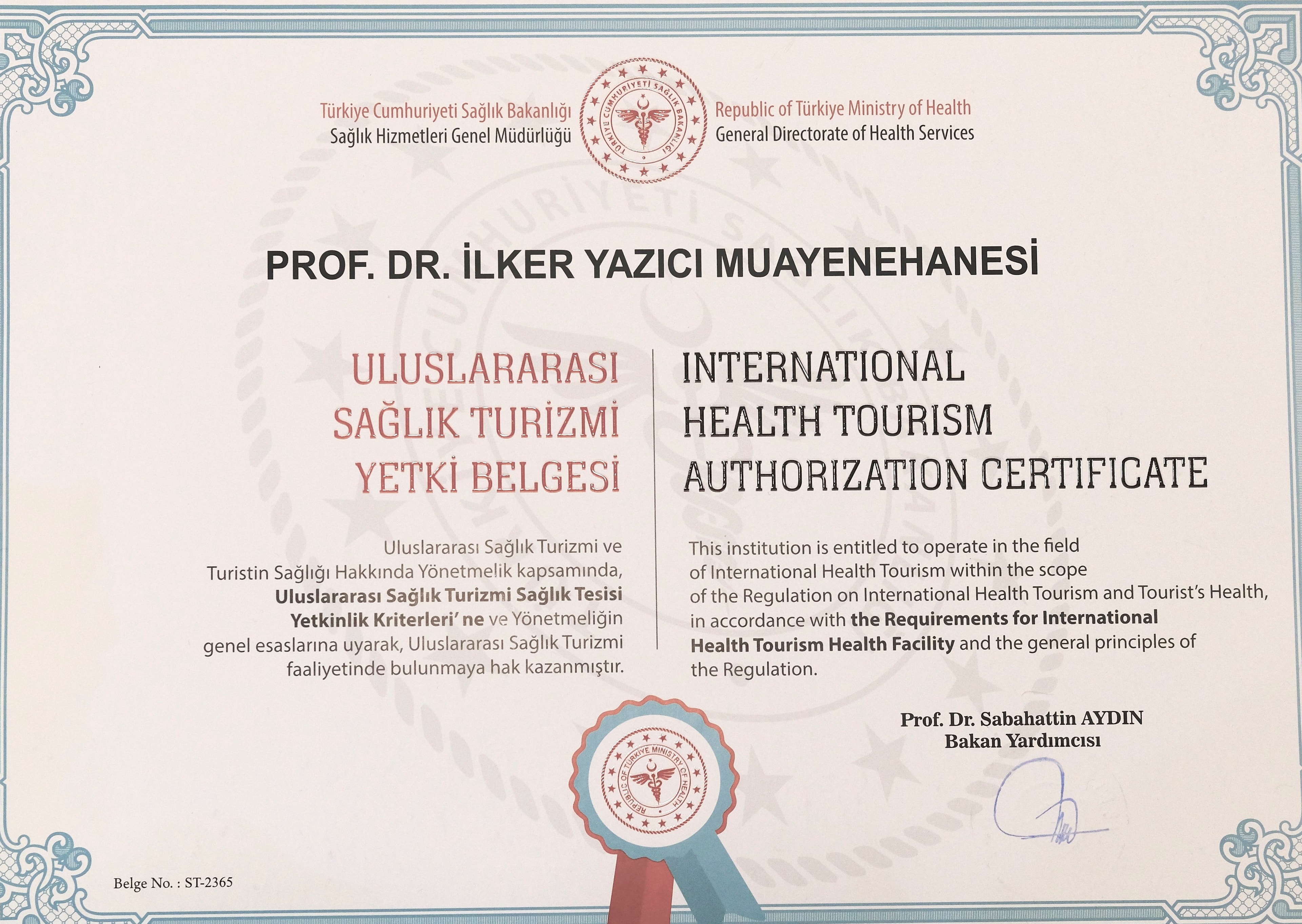 T.C. Sağlık Bakanlığı Uluslararası Sağlık Turizmi Yetki Belgesi, Prof. Dr. İlker Yazıcı Muayenehanesi